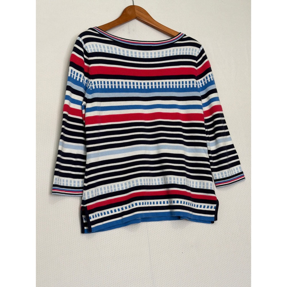 Tommy Hilfiger Womens Striped Boat Neck Sweater Navy Red Blue Button Shoulder M - Picture 8 of 10